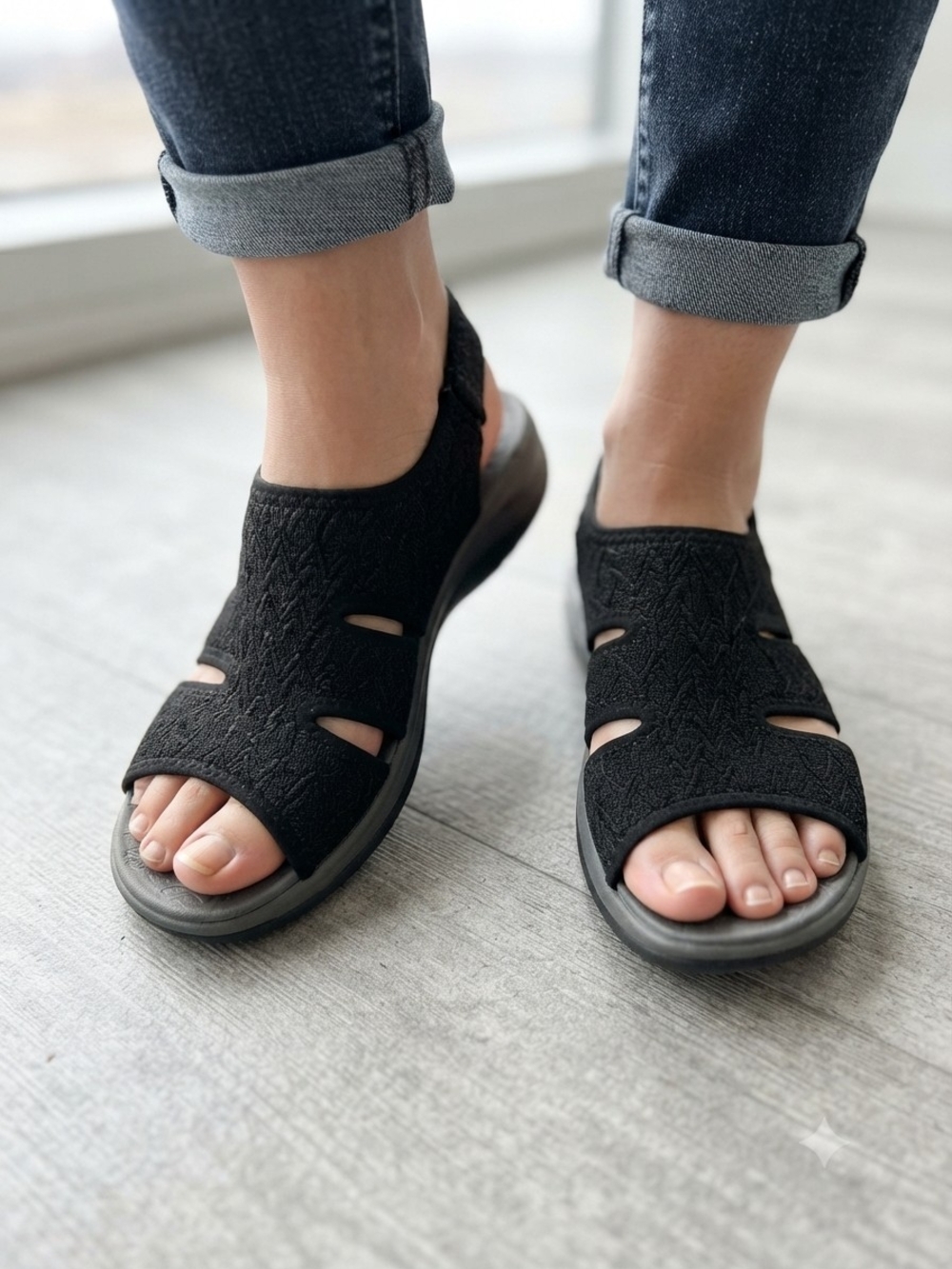 Bzees Black Knit Open-Toe Slingback Sandals